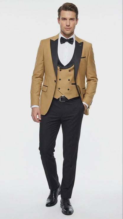 Men's Dark Camel Tan Khaki and Black Great Gatsby Tuxedo Suit – Vintage 1920s Formal Wedding, Party and Event Wear