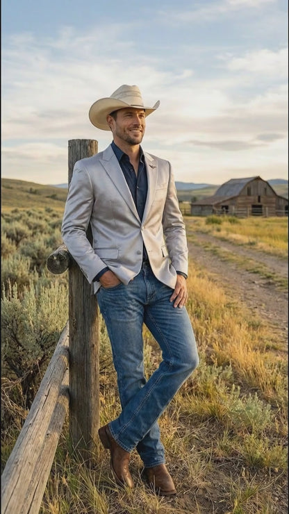 Mens Shiny Silver Cowboy Blazer – Western Style Satin Finish Blazer for Party, Country Events and Evening Wear