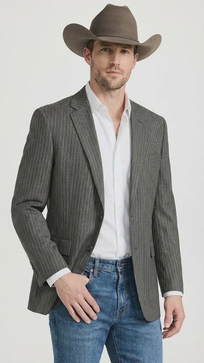 Mens Charcoal Gray Pinstripe Western Blazer – Classic Cowboy Style Jacket for Business, Formal and Smart Casual Wear