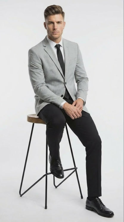 Men’s Light Grey Slim Fit Blazer Sport Coat with Black Pants | Premium Formal and Smart Casual Outfit
