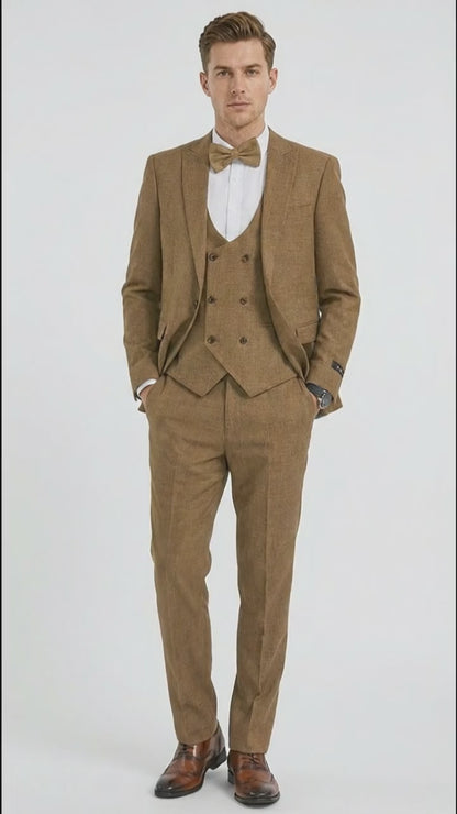 Mens Mocca Brown Taupe textured 1920s Great Gatsby Inspired Suit – Vintage Three Piece Retro Formal Suit Peak Lapel