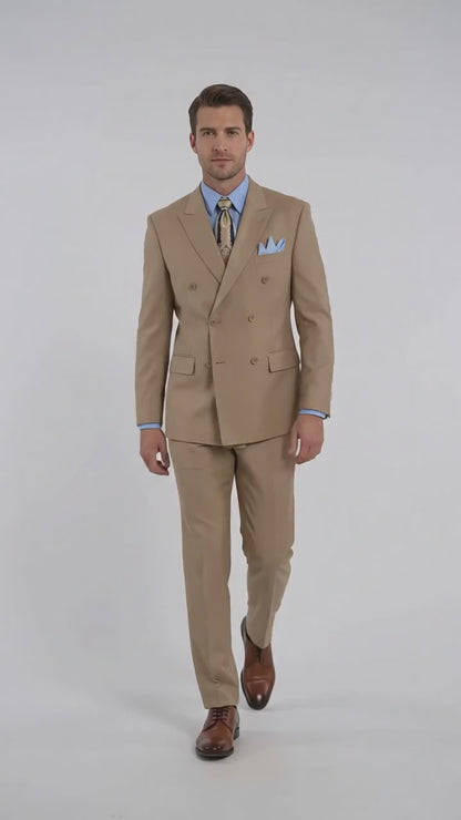 Men’s Tan Double-Breasted Suit – Classic Peak Lapel Business, Wedding and Formal Suit