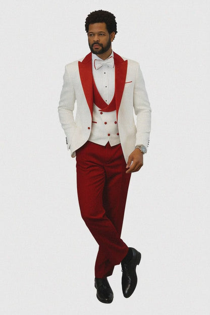 Hilton White and Red Paisley Peak Lapel Tuxedo Jacket with Matching Shawl Vest and Wool Pants  Includes Bow Tie