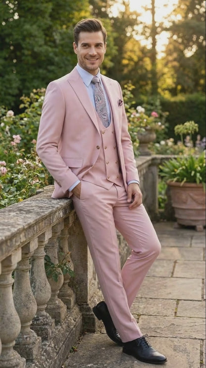 Rossiman Pink Men's Slim Fit Suit Double Brest Vest Flat Front Pants