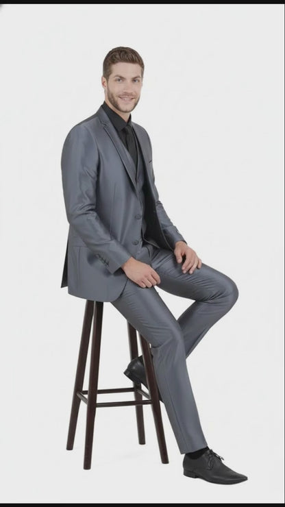 Mens Dark Grey Shiny Two-Piece Suit  Slim Fitted Formal Jacket and Tailored Pants - Sateen Metalic in Charcoal Gray Color