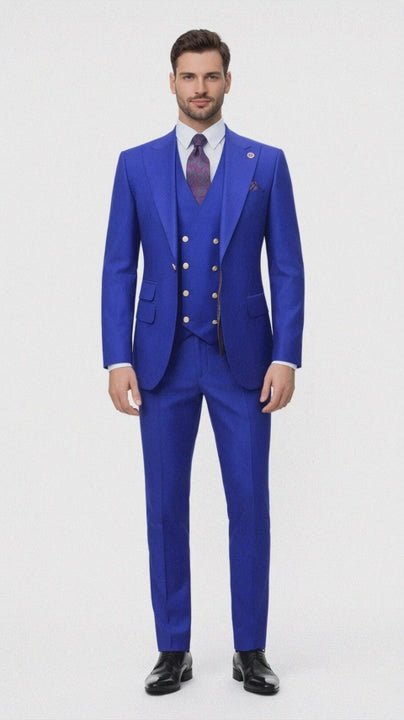 Rossiman Royal Blue Suit for Men ?? Classic 1-Button Peak Lapel Jacket & Double-Breasted Vest