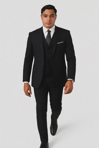 Mens 2 Button Slim Fit Wool Suit With Double Breasted Vest in Black