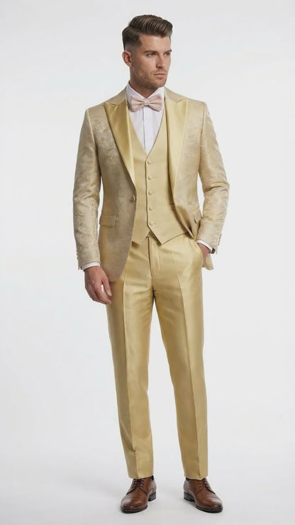 Vitali Mens Yellow Gold Designer Tuxedo Suit Set – Luxury Wedding Prom Formal Tuxedo with Vest Bow Tie in Champaign Color