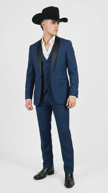 Men’s Sapphire Indigo Western Tuxedo Suit – Cobalt Blue Cowboy Formal Suit with Black Shawl Collar, Vest & Pants