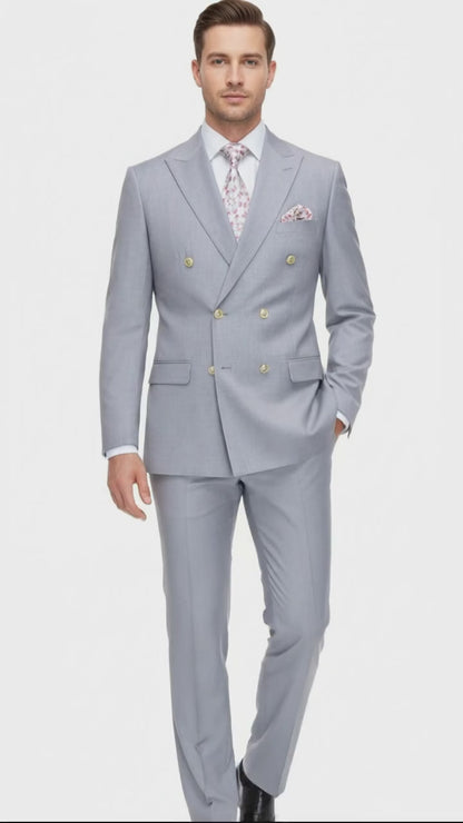 Mens Silver Grey Double-Breasted 3-Piece Suit  Classic Tailored Fit with Peak Lapel and Gold Buttons for Weddings, Church and Formal Events