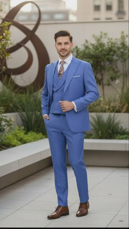 Mens Light Blue Double-Breasted 3-Piece Suit Set  Tailored Fit Formal Business Suit in Steel Blue Sky Blue Color