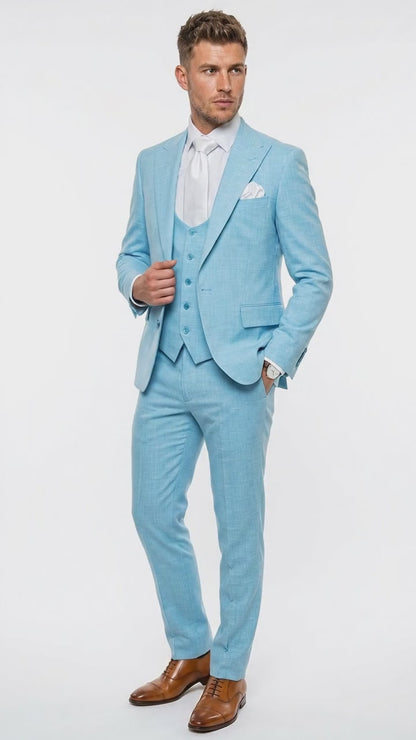 Men’s Turquoise Light blue Suit, Vested Formal Dress Suit for Weddings, Prom, Summer Parties, and Special Occasions in Aqua Blue Color By Rossiman