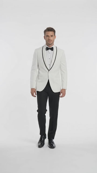 Men’s White and Black Trim Prom Tuxedo Suit, Shawl Collar Wedding Jacket with Pants and Vest