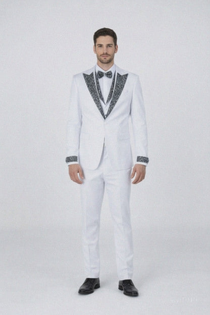 White Tuxedo with Crystal Stones  Peak Lapel 4-Piece Suit