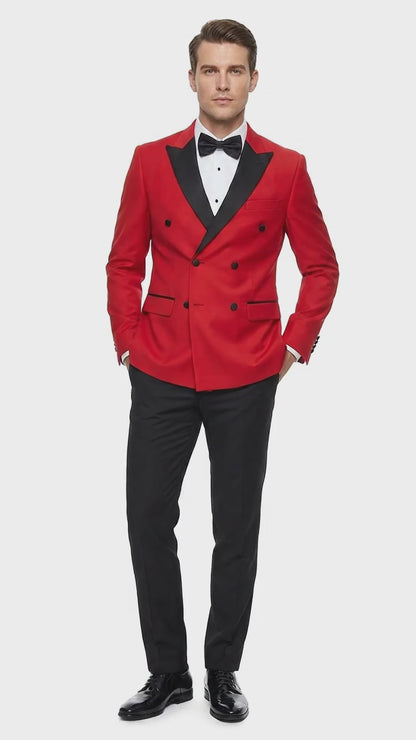 Men’s Red Double Breasted Wool Tuxedo with Black Lapel, Formal Wedding Prom Dinner Jacket