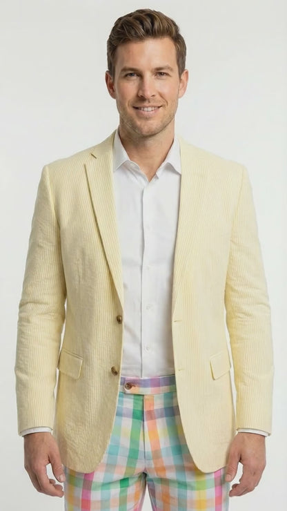 Mens Yellow Seersucker Blazer – Lightweight Summer Sport Coat Formal Casual Wedding Party Jacket
