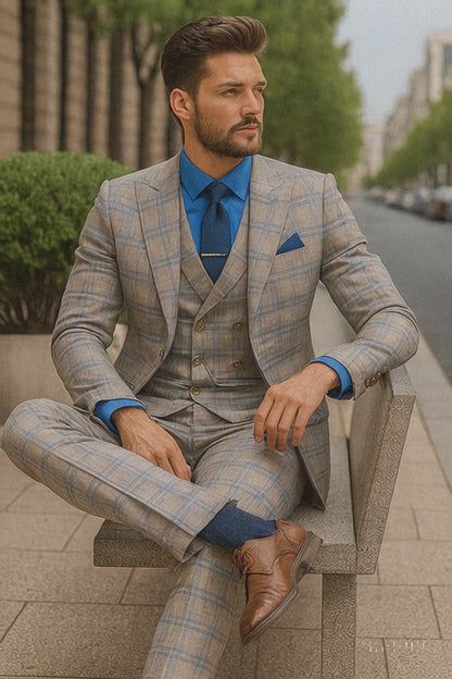 Trendy Plaid Three-Piece Suit  Mens Elegant Formal Attire