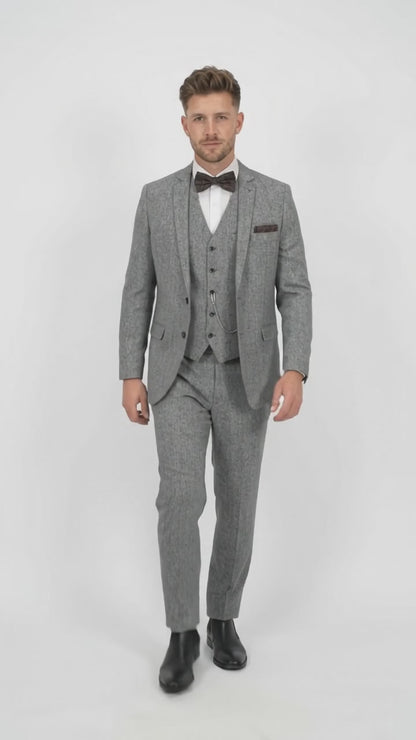 Men’s Grey Edwardian 3 Piece Suit – Vintage Victorian Wedding Suit with Vest Herringbone Tweed Fabric