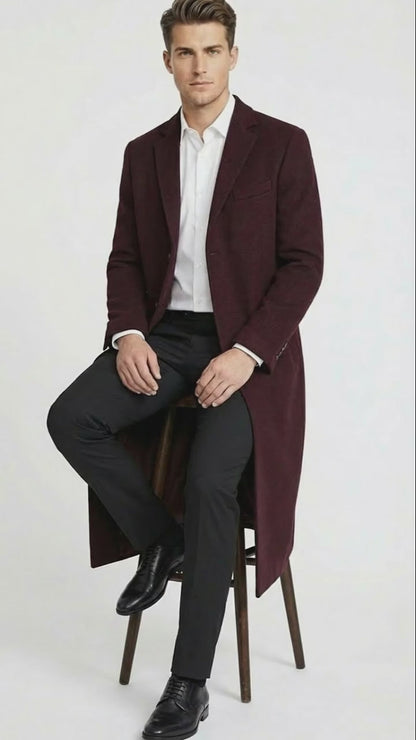 Mens Burgundy Long Coat  Classic Fit Wool Blend Overcoat - Topcoat Full length