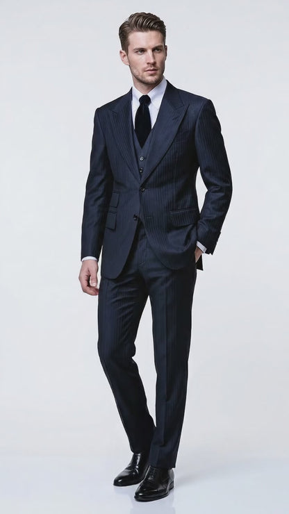 Men’s Navy Herringbone Textured 3 Piece Suit Set, Classic Formal Blazer, Waistcoat and Trouser Outfit