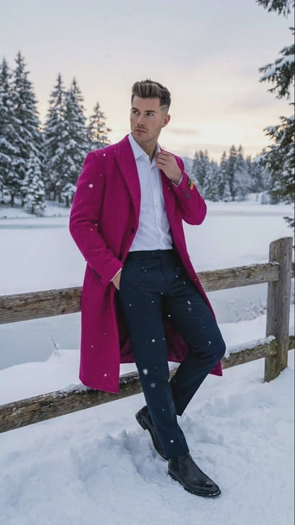 Mens Hot Pink Wool Blend Overcoat  Topcoat Carcoat Winter Fabric