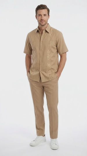 Mens Tan Embroidered Walking Suit Set – Short Sleeve Shirt and Pants Casual Summer Outfit for Vacation, Beach in khaki Beige Color