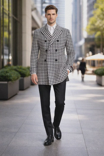 Mens Overcoat - Topcoat For Men - Winter Fabric - Houndstooth Overcoat - Houndstooth Topcoat - Houndstooth Single Breasted Checker Car Coat