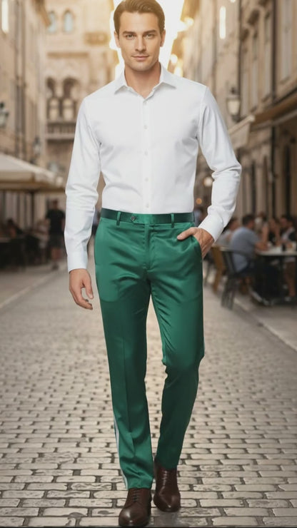 Mens Emerald Green Satin Slim Fit Dress Pants  Shiny Formal Party and Wedding Trousers