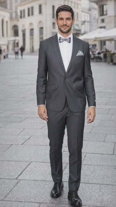 Rossiman Men's Slim Fit Gray Wool Suit ?? 1-Button Peak Lapel Jacket & Tapered Low-Rise Pants