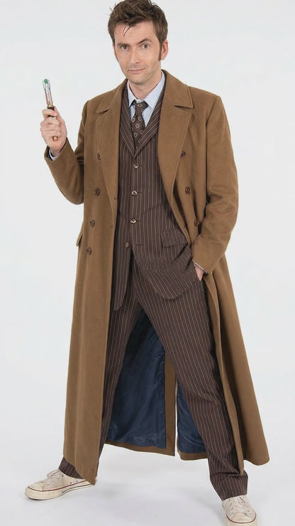 Men’s Brown Cotton Trench Coat Doctor Who 10th Doctor Inspired Long Coat – Classic Gabardina Style Overcoat, Vintage Winter Costume Jacket
