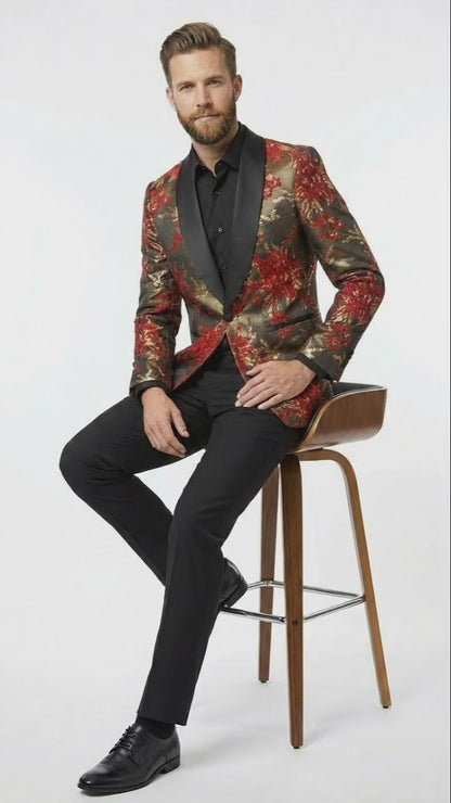 Mens Red and Gold Floral Pattern Paisley  Shawl Lapel | Luxury Evening and Party Wear Jacket Prom Christmas New Year Blazer