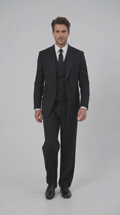 Tiglio Rosso Men’s Black Super 150’s Italian Wool 3-Piece Suit – Double-Breasted Jacket, Vest and Wide-Leg Pleated Pants