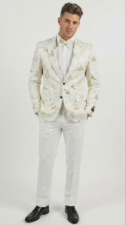 Men’s White and Gold Patterned Blazer – Paisley Floral Pattern Prom Wedding Suit Tuxedo Dinner Jacket + Bowtie