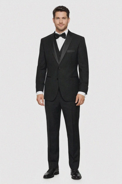 Mens 2 Button Modern Fit Vested Wool Tuxedo in Black