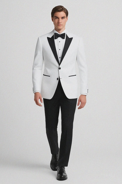 Mens 2 Button Shawl/Peak Hybrid Sharkskin Tuxedo in White