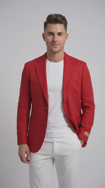 Men’s Red Linen Blazer – Two-Button Wedding, Business and Smart Casual Sport Coat