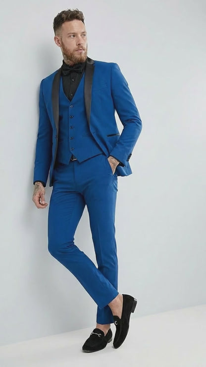Men’s Royal Blue 3 Piece Suit with Black Lapel – Modern Formal Suit for Wedding, Prom and Party Wear