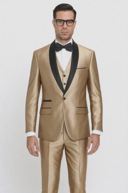 Mens 1 Button Shawl Lapel Vested Wedding | Prom Tuxedo in Gold Sharkskin - Mens Slim Fitted Tuxedo