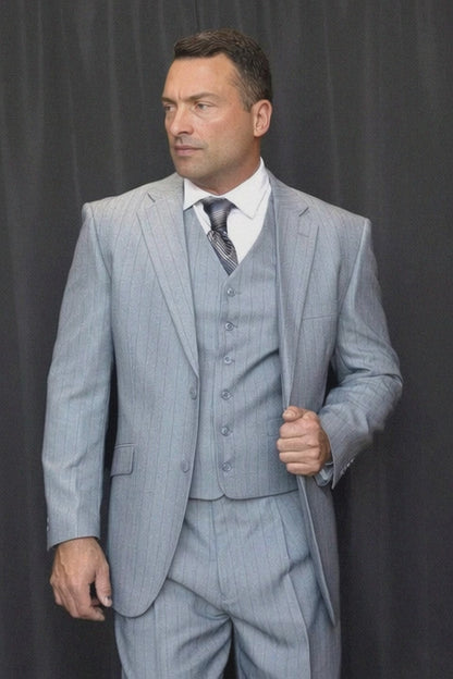 Mens Vested Gatsby Suit Pinstripe Grey Regular Fit Venetian