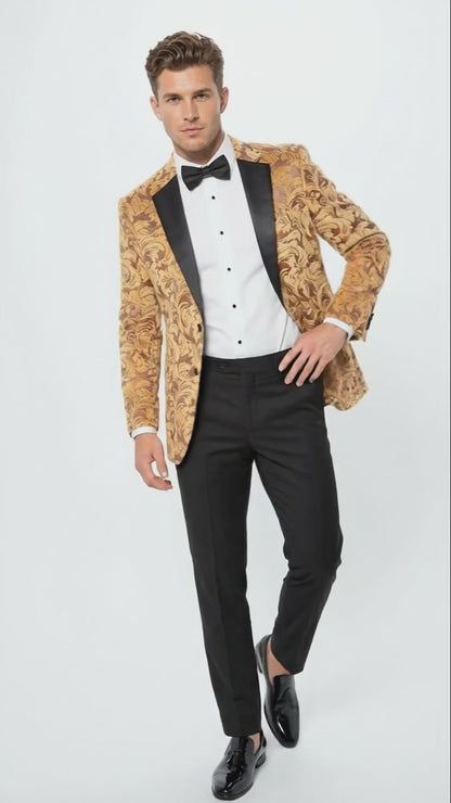 Mens Yellow Gold Baroque Pattern Tuxedo Blazer Suit  Party and Wedding Jacket Prom Paisley Black Pants