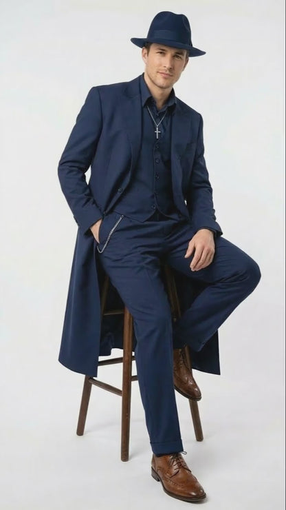 Mens Navy Blue 1920s Zoot Suit  Long Mafia Gangster Three-Piece Vintage Costume Set Zuit Pachuco Style