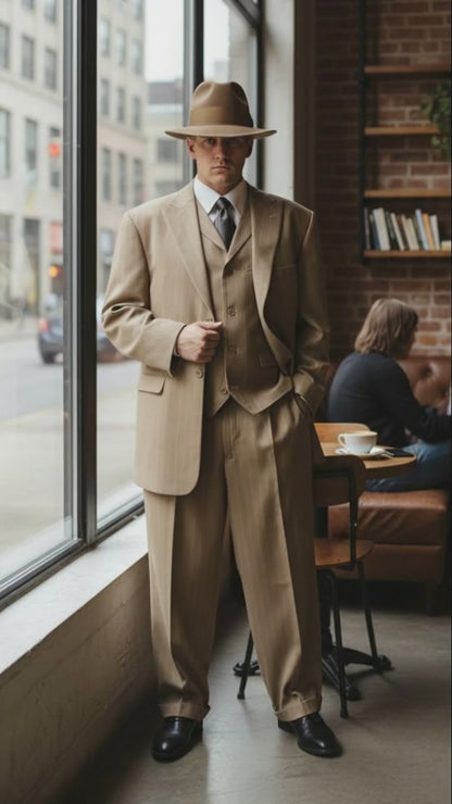 Mens Tan Pinstripe Zoot Suit  1920s Gangster Vintage 3-Piece Suit with Wide-Leg Pants