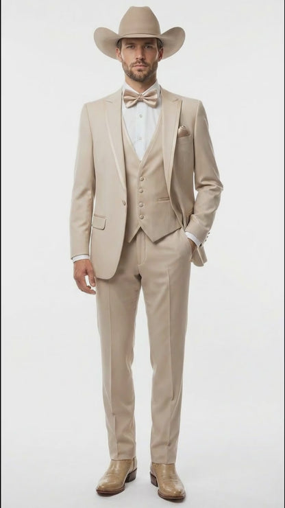 Mens Beige Tan Khaki CowboyTuxedo Suit – Western Formal Three Piece Suit with Jacket Vest and Pants