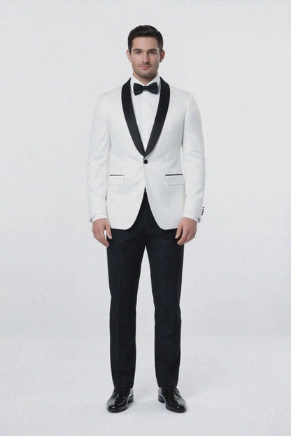Mens 1 Button Shawl Lapel Dinner Jacket in White with Black Lapels