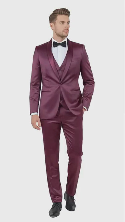Mens Sateen Shiny Burgundy Slim Fit Tuxedo  Satin Shawl Lapel 3-Piece Suit