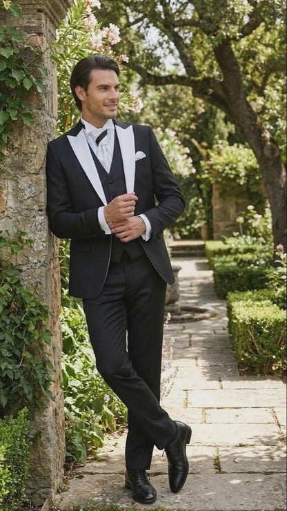 Mens Black and White Lapel Prom Tuxedo Suit  Black Vest  Black Pants Peak Lapel