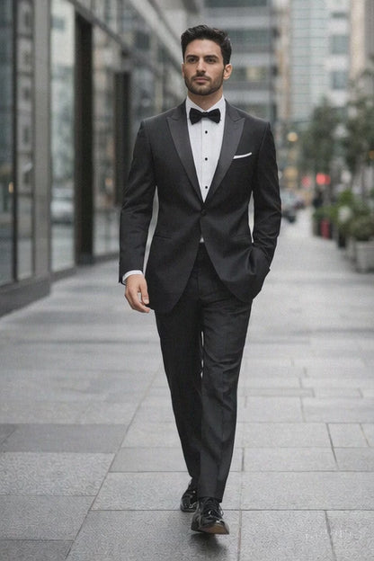 Mens 1 Button Peak Lapel Tuxedo in Black