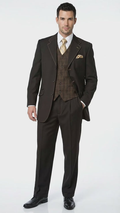 Men’s Dark choclate Brown Three Buttons 3 Piece Suit – Classic Brown 3PC Wedding, Church and Business Formal Suit for Men