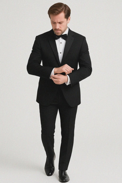 Mens 100% Wool 1 Button Peak Lapel Tuxedo in Black