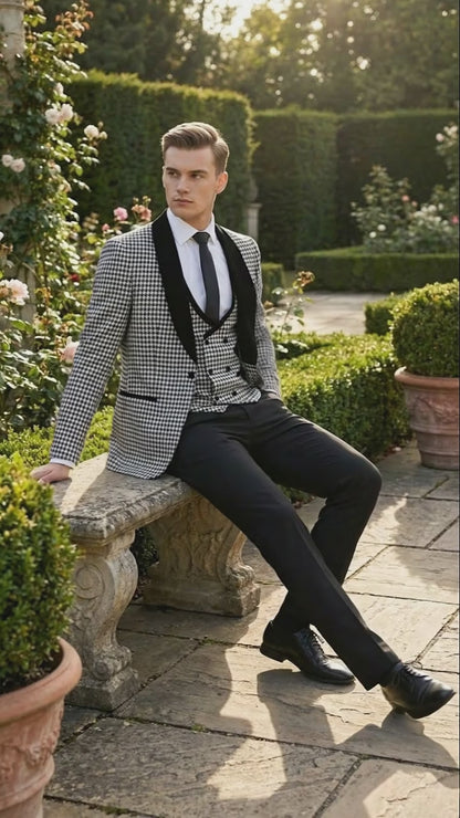 Mens Black and White Houndstooth Tuxedo Set with Velvet Shawl Lapel | 3-Piece Formal Suit with Double-Breasted Vest